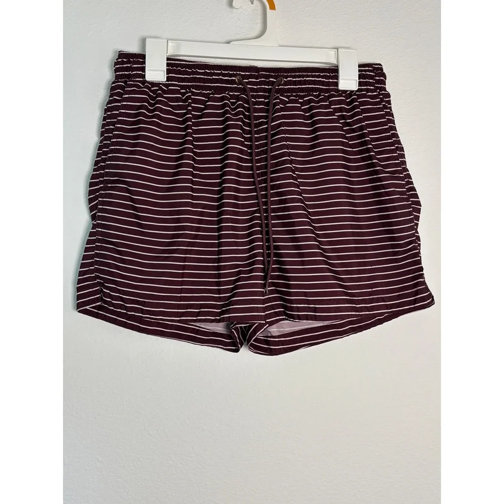 HM Mens Swim Trunks Burgundy White Striped‎ Mesh Lined Board Shorts Size Large